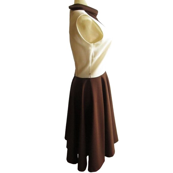 Vintage Women's Dress 8 1970's 2 Tone Stretch Knit Polyester Handmade Brown Mod - Picture 3 of 7